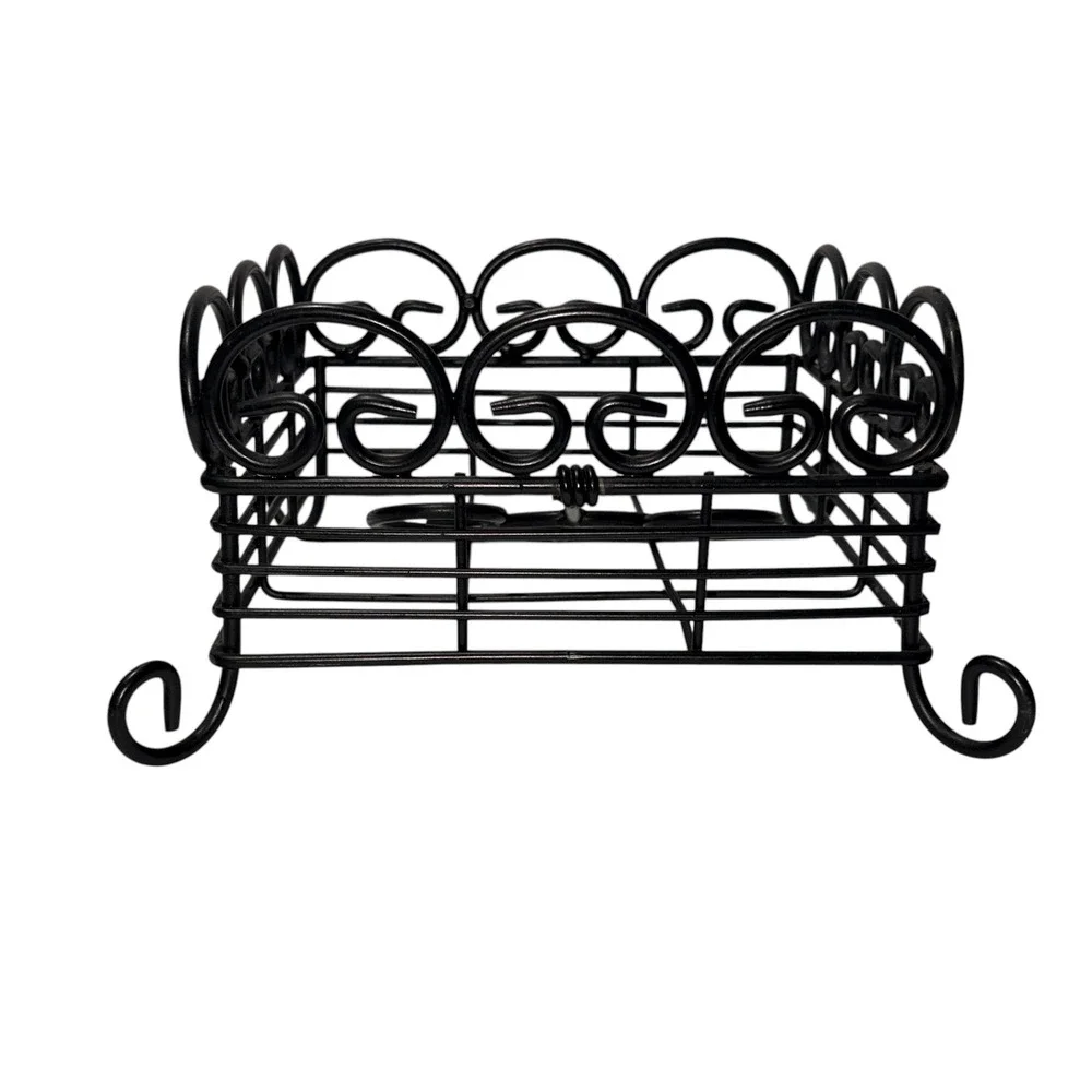 Black Wrought Iron Napkin Holder Square Scrollwork Metal Weighted Arm Farmhouse